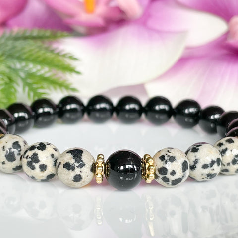 Black Tourmaline and Dalmatian Jasper Beaded Protection Bracelet