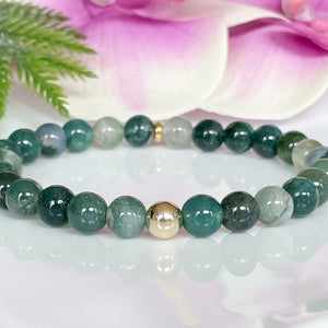 Natural Green Moss Agate and Gold Beaded Bracelet