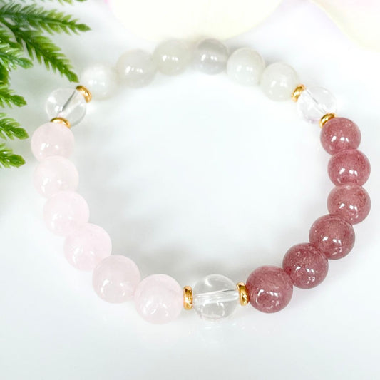 8mm Fertility Bracelet with Moonstone, Rose Quartz, Strawberry Quartz and Clear Quartz