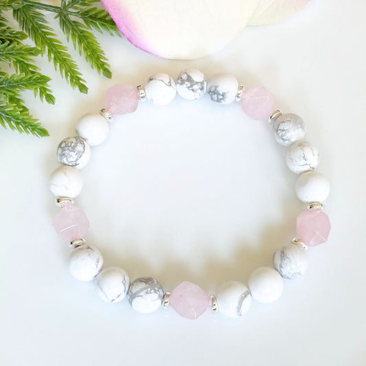 8mm Howlite with Rose Quartz Star Cut Crystals and silver accents