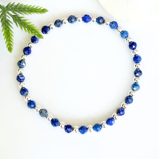 4mm faceted lapis lazuli September birthstone bracelet with silver accents