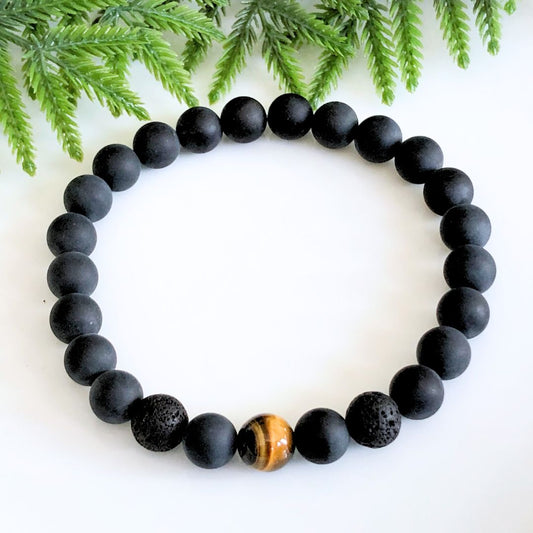 Men's Tigers eye and black onyx aromatherapy bracelet overhead view