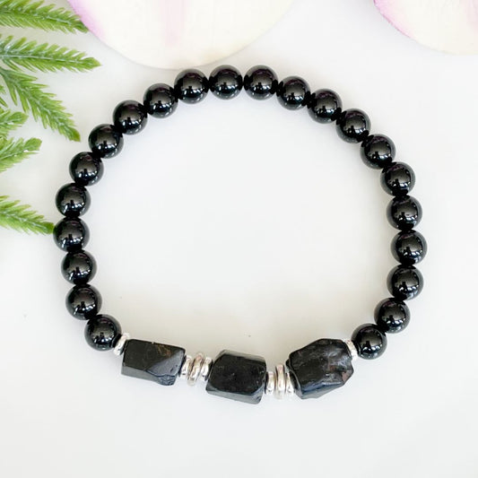 Raw Black Tourmaline Bracelet with 6mm black tourmaline beads