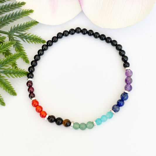 4mm 7 Chakra beaded bracelet with black tourmaline and silver accents