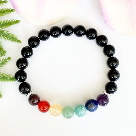 Real 7 Chakra Protection Bracelet with black tourmaline and silver accents