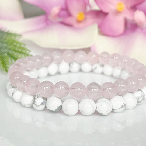 Rose Quartz and White Howlite Bracelet Set for Love and Stress Relief