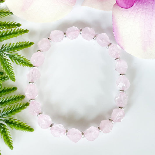 8mm Diamond Cut Rose Quartz Bracelet with Silver Accents