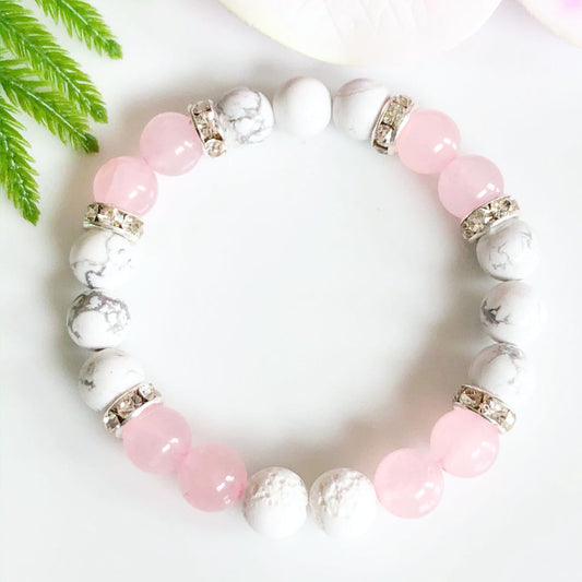 8mm Rose Quartz and Howlite Aromatherapy Bracelet with Silver accents