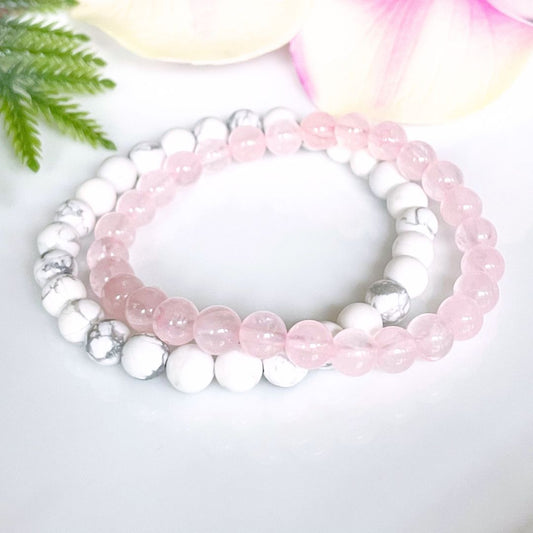6mm rose quartz and white howlite beaded bracelet set