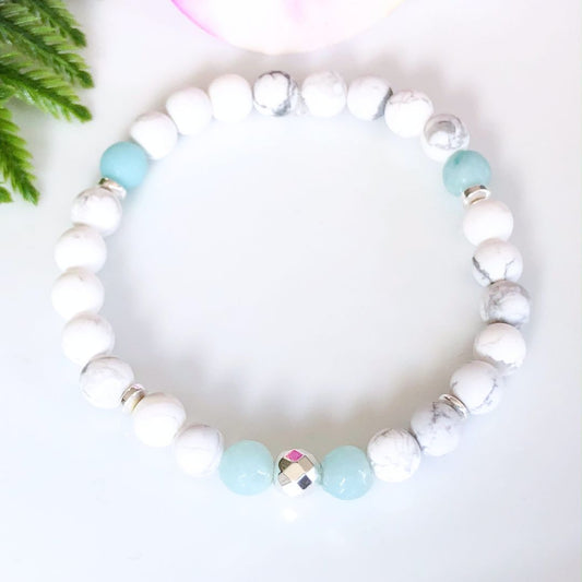 6mm Frosted Howlite and Faceted Amazonite Bracelet with Silver Accents