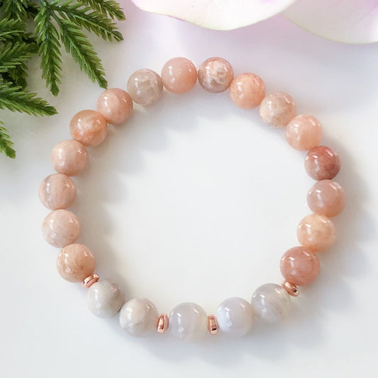 8mm Sunstone and Moonstone Bracelet with Rose Gold Accents