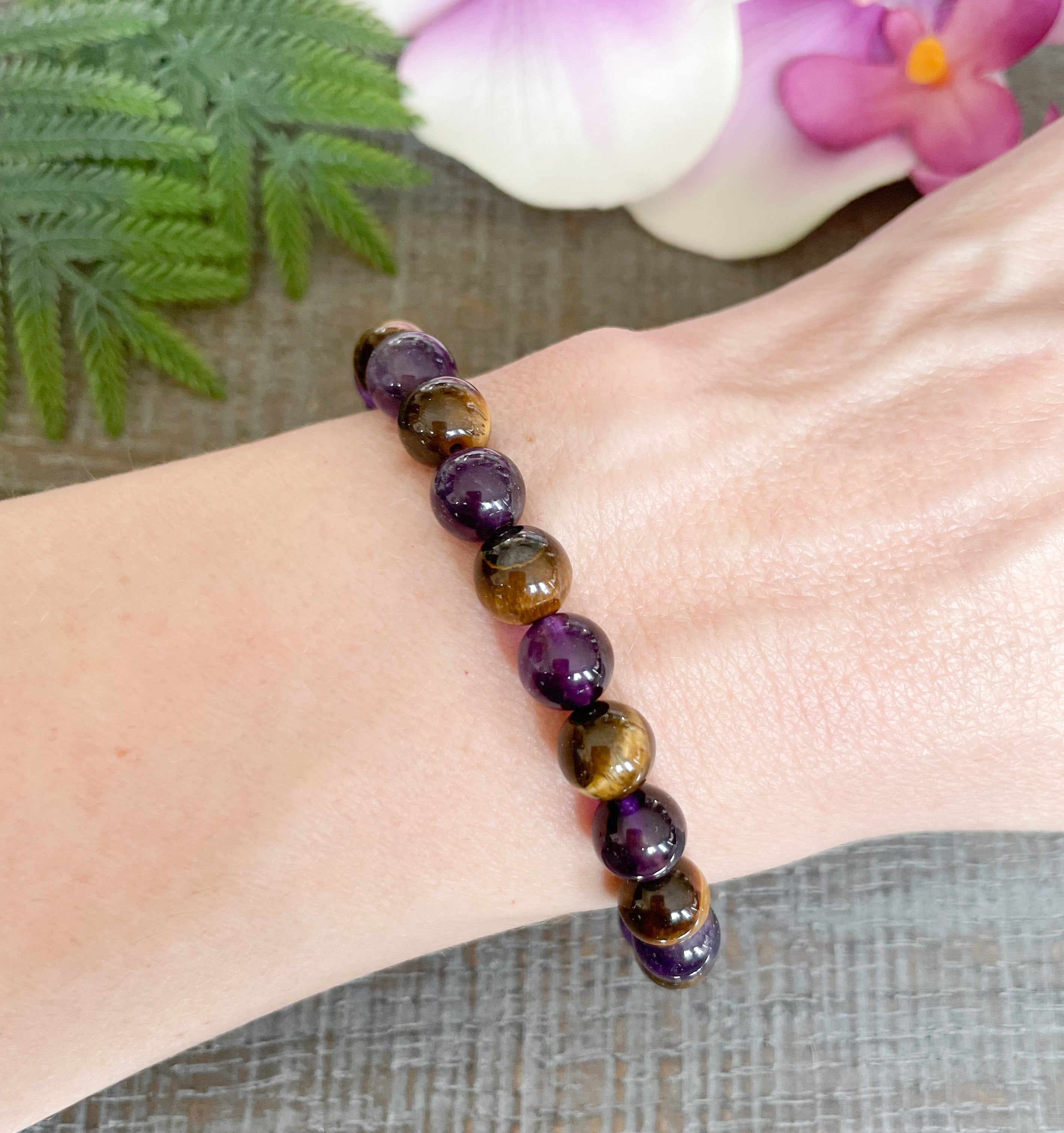 8mm Amethyst and Tigers Eye Crystal Bracelet