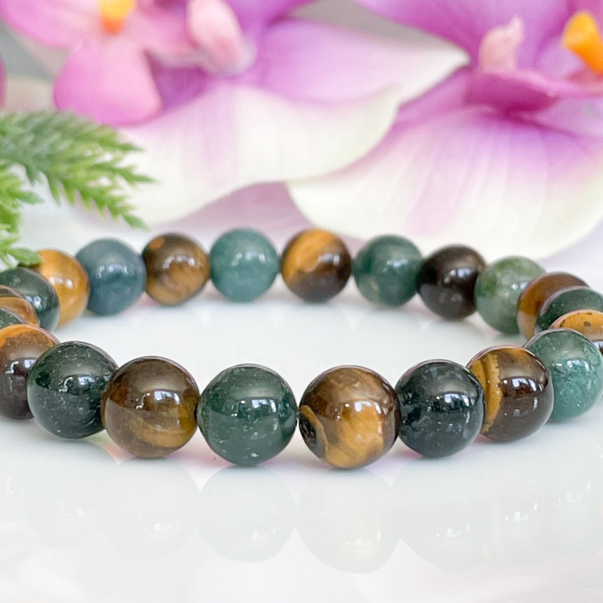 Green Moss Agate and Tigers Eye Healing Crystal Bracelet