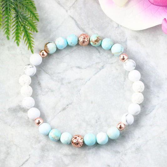 6mm Turquoise and Howlite bracelet with lava beads and rose gold accents