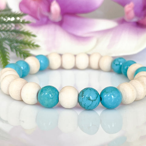 Turquoise and White Wood Beaded Bracelet
