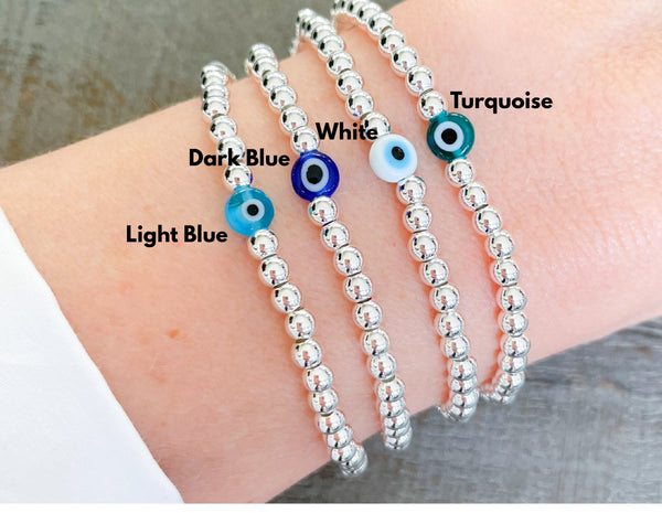 Dainty Silver Evil Eye Beaded Bracelet for Women