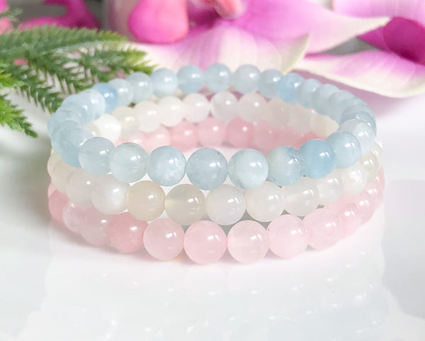 Fertility Beaded Bracelet Set with Rose Quartz, Moonstone, and Aquamarine