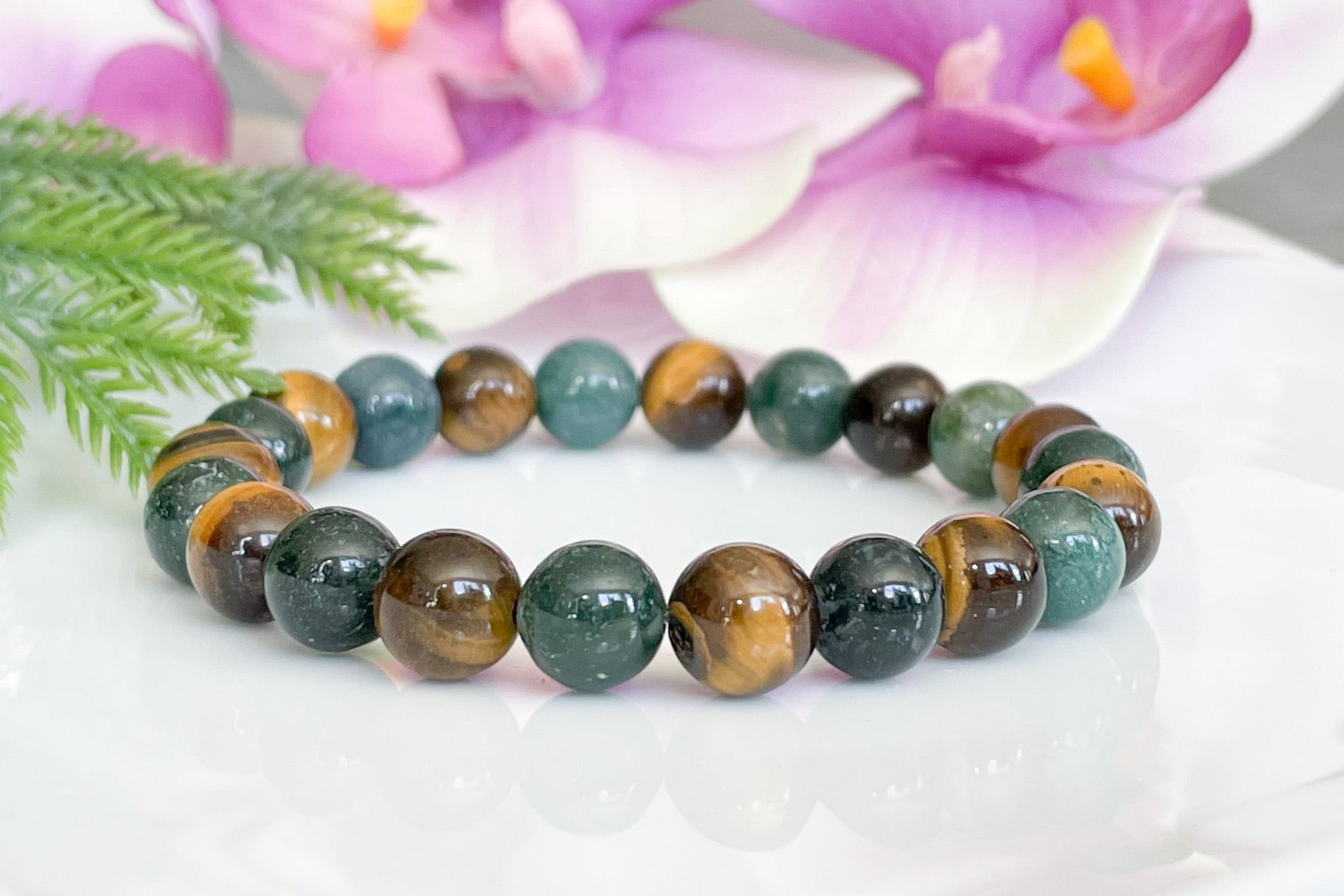 Green Moss Agate and Tigers Eye Beaded Gemstone Bracelet