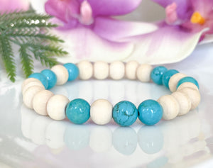 Turquoise and White Wood Beaded Bracelet